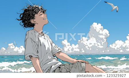 A young man enjoying the pleasant sea breeze A young man enjoying the pleasant sea breeze 123325927