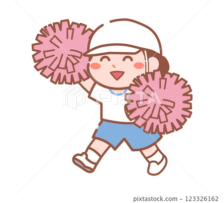 A girl wearing a red and white hat dancing with pom-poms 123326162