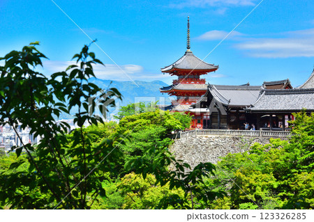 The dazzling fresh greenery of Kiyomizu-dera Temple in Kyoto The dazzling fresh greenery of Kiyomizu-dera Temple in Kyoto 123326285