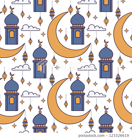 Seamless pattern with mosque, crescent moon, stars and clouds. Ramadan kareem festive background. 123326619