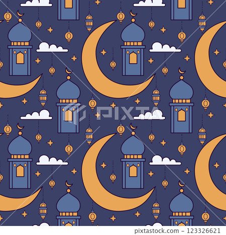 Seamless pattern with mosque, crescent moon, stars and clouds. Ramadan kareem festive background. Seamless pattern with mosque, crescent moon, stars and clouds. Ramadan kareem festive background. 123326621