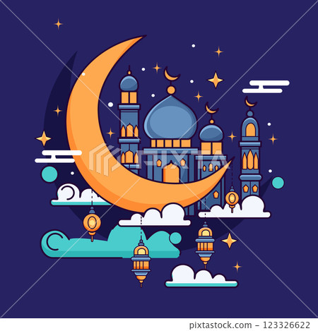 Ramadan Kareem greeting card with mosque and moon. Vector illustration 123326622