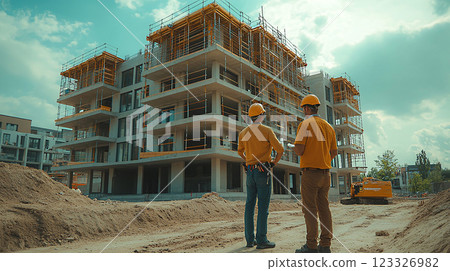 Team of engineers and architects conducting a site survey and discussing construction plans at a contemporary building site, depicted with high-resolution clarity. 123326982