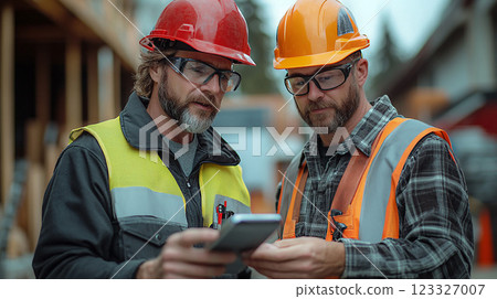 Professionals in construction gear assessing building structures and site conditions, using blueprints and technology, captured in high-resolution detail. 123327007