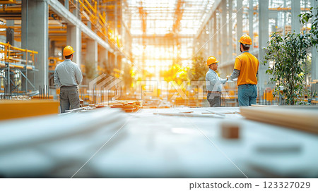 Engineers and architects coordinating on-site tasks, vector illustration with detailed construction elements and high-resolution. 123327029