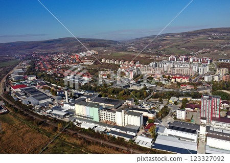 Aerial view of suburban city industrial area buildings 123327092
