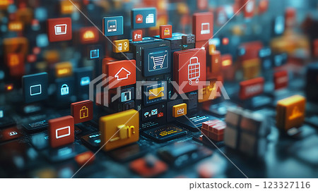 Visual representation of multichannel marketing with 3D icons exploding from digital devices, highlighting online retail. 123327116