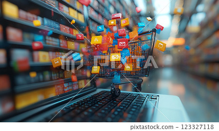 Dynamic 3D icons representing multichannel marketing, exploding from the screens of smartphones and laptops in an online retail setting. 123327118