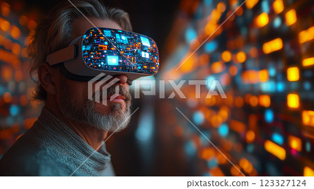 VR glasses-wearing businessman in a virtual world of marketing, with 3D icons representing products and apps emerging from digital devices. 123327124