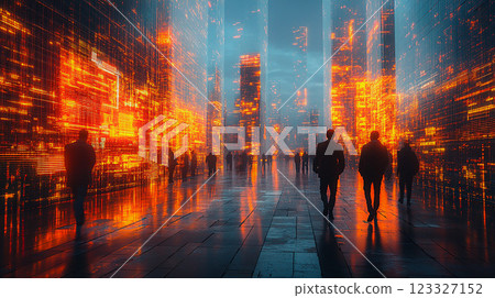 Engineers and architects engaged in site inspections and planning meetings, utilizing digital tools on a modern construction site, depicted with high-resolution clarity. 123327152