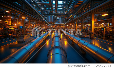 Industrial plant interior with massive cooling pipelines running through machinery, highlighting the infrastructure's scale. 123327274