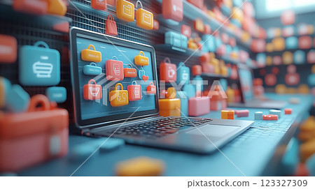 Multichannel marketing concept with 3D icons launching from smartphones and laptops, highlighting digital retail engagement. Multichannel marketing concept with 3D icons launching from smartphones and laptops, highlighting digital retail engagement. 123327309