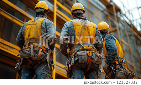 Carpentry team working on a wooden scaffold, wearing safety harnesses and helmets, in a well-maintained construction site. 123327332