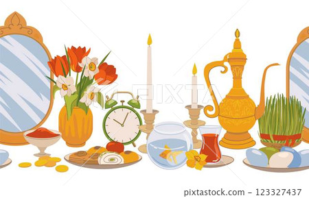 Seamless pattern for International Day of Nowruz. Iranian New Year is a holy day and religious holiday of Zoroastrians and Baha'is. Mirror, green grass, sweets, candles, vinegar, flowers. Flat vector. 123327437