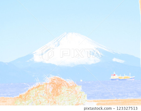從立山市看到的白雪皚皚的富士山，插畫風格 123327513