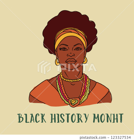 Black history month banner, vector illustration. A woman's head with a black hair and a gold earring. Black history month banner, vector illustration. A woman's head with a black hair and a gold earring. 123327534
