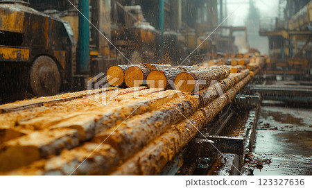 Woodcutters engaged in cutting and preparing wood in a fast-paced industrial environment, depicted with high-resolution clarity. 123327636