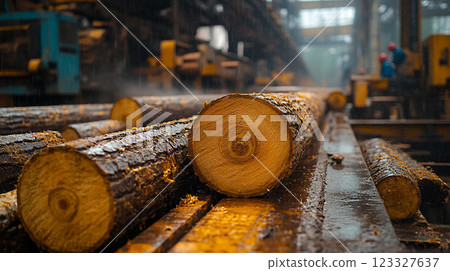 Group of workers using saws and machinery to handle wood for processing, captured in realistic high-resolution detail. 123327637