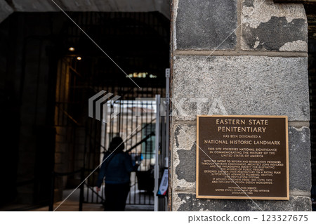 Fairmount Avenue entrance and historical plaque of Eastern State Penitentiary historic site. 123327675