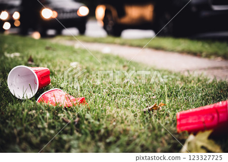 Crushed and discarded red plastic cups after a college party Crushed and discarded red plastic cups after a college party 123327725