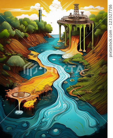 Artistic portrayal of industrial pollution flowing into a vibrant river surrounded by lush trees at sunset. Generative AI 123327786