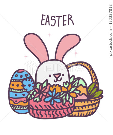 Happy Easter Day greeting card with hand drawn cute vector illustrations. 123327818