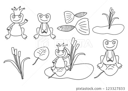 Cute Frog and Pond Life Coloring Page for Kids 123327833