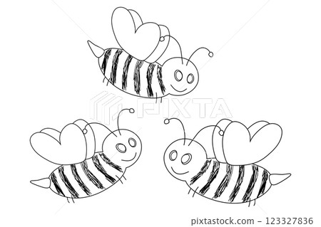 Cute Heart-Winged Bees Coloring Page for Kids 123327836