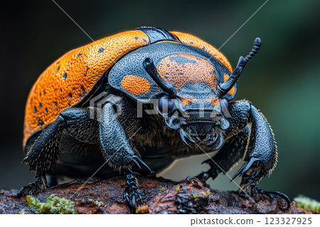 Large bug with black and orange legs is standing on a rock. 123327925