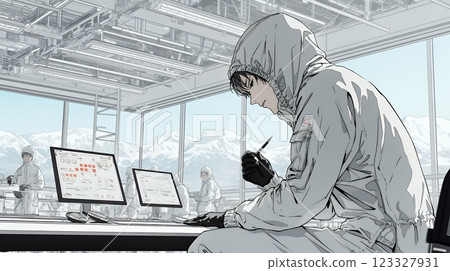 Engineers working in a clean room 123327931