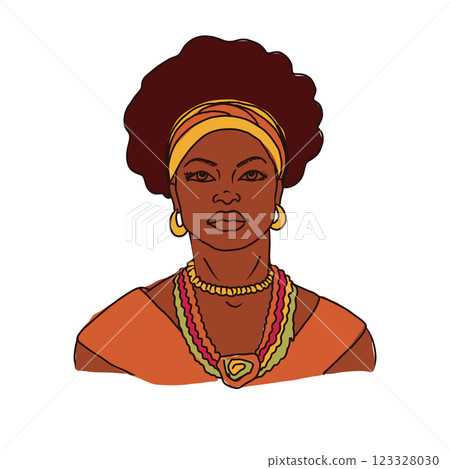 Hand drawn Vector illustration Afro american woman with a black hair and a gold earring. Black History Month concept. Hand drawn Vector illustration Afro american woman with a black hair and a gold earring. Black History Month concept. 123328030