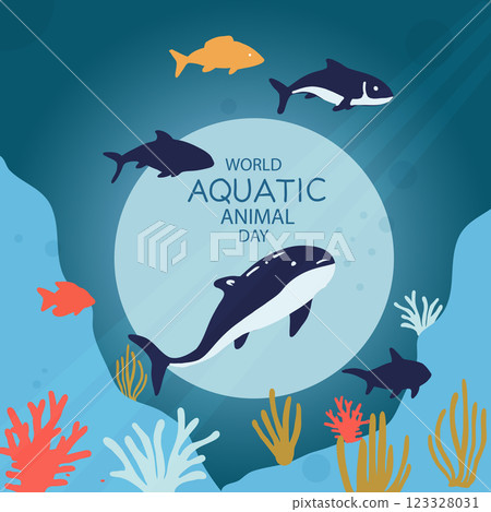 A serene and educational banner for World Aquatic Animal Day, showcasing a variety of aquatic animals in their natural habitats. Vector illustration. A serene and educational banner for World Aquatic Animal Day, showcasing a variety of aquatic animals in their natural habitats. Vector illustration. 123328031