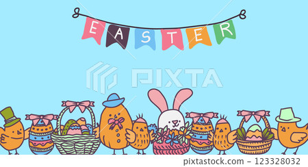 Vector Eastern banner of decorative Eastern eggs, rabbits, chickens and text Easter. Vector Eastern banner of decorative Eastern eggs, rabbits, chickens and text Easter. 123328032