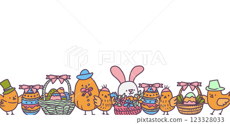 Vector Eastern banner of decorative doodles Eastern eggs, rabbits, spring flowers and chickens Vector Eastern banner of decorative doodles Eastern eggs, rabbits, spring flowers and chickens 123328033