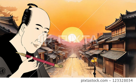 街景和一名抽 kiseru 香菸的男子 123328034