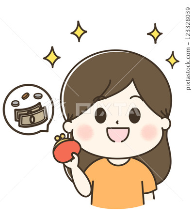 A cute illustration of a woman's upper body holding money and a purse A cute illustration of a woman's upper body holding money and a purse 123328039