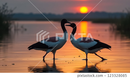 Beautiful sunrise as two cranes share a tender moment on still water in the marshlands Beautiful sunrise as two cranes share a tender moment on still water in the marshlands 123328085