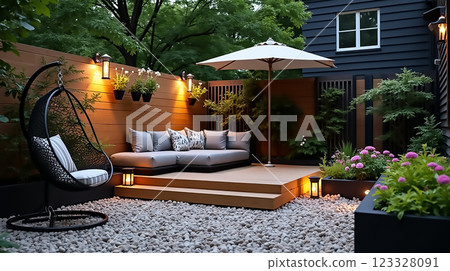 Cozy outdoor seating area with modern design, lush greenery, and soft lighting during a serene evening 123328091