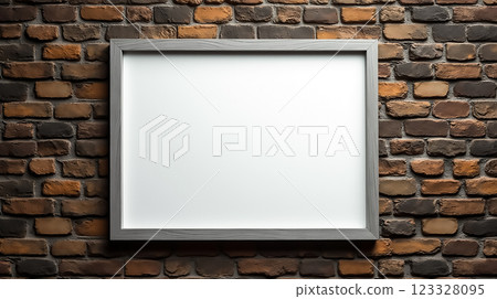 Empty frame mounted on a textured brick wall, perfect for showcasing art or photographs Empty frame mounted on a textured brick wall, perfect for showcasing art or photographs 123328095