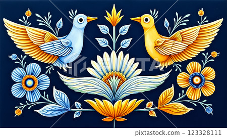 Colorful birds and flowers in intricate design showcase cultural artistry and craftsmanship in vibrant tones and shapes 123328111