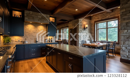 Modern kitchen with stone accents and warm lighting in a cozy cabin setting near the forest 123328112