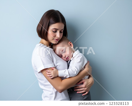 Mother embraces her son while he sleeps peacefully in a cozy indoor setting 123328113