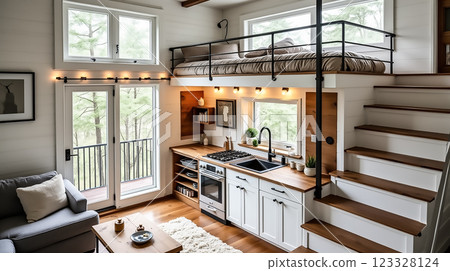 Cozy modern tiny house interior with lofted bedroom and kitchen in a serene forest setting 123328124