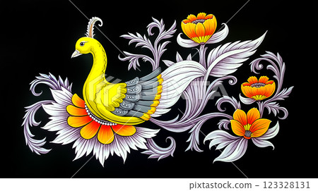 Colorful peacock design featuring vibrant flowers on a black background 123328131