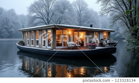Floating house surrounded by serene winter landscape in early morning light 123328134