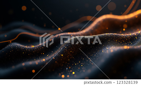 Dark waves illuminated by shimmering particles create a mesmerizing abstract landscape in an artistic setting 123328139