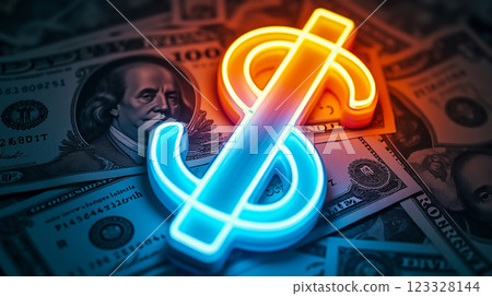 Neon dollar sign shines over piles of banknotes emphasizing concepts of wealth and financial prosperity Neon dollar sign shines over piles of banknotes emphasizing concepts of wealth and financial prosperity 123328144