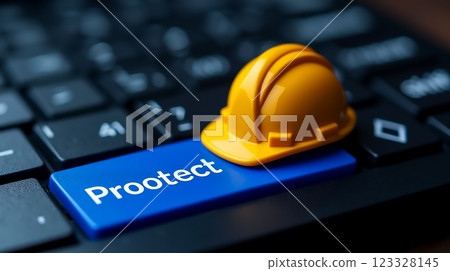 Yellow construction helmet placed on a keyboard key signifying safety and protection in workplace environments Yellow construction helmet placed on a keyboard key signifying safety and protection in workplace environments 123328145