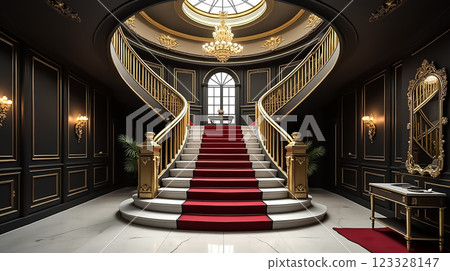 Elegant grand staircase with intricate design in luxurious interior setting showcasing opulence and sophistication Elegant grand staircase with intricate design in luxurious interior setting showcasing opulence and sophistication 123328147