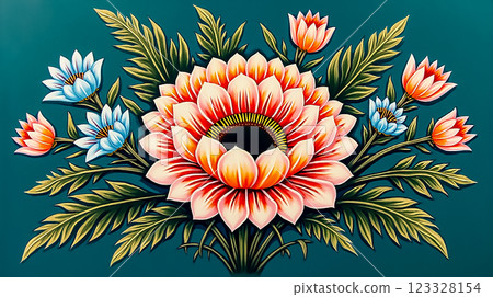 Vibrant floral design featuring sunflowers and delicate blue flowers on a teal background 123328154